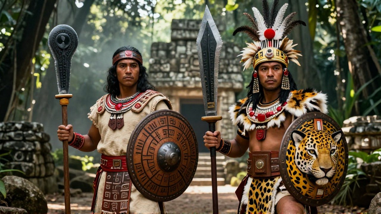 Comparación de un guerrero maya y un guerrero jaguar azteca con sus armas y vestimentas tradicionales en una selva.