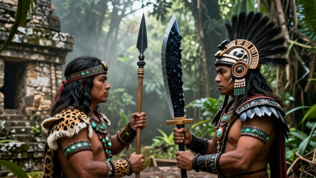Dos guerreros mesoamericanos con armas de obsidiana se enfrentan en una selva frente a ruinas.