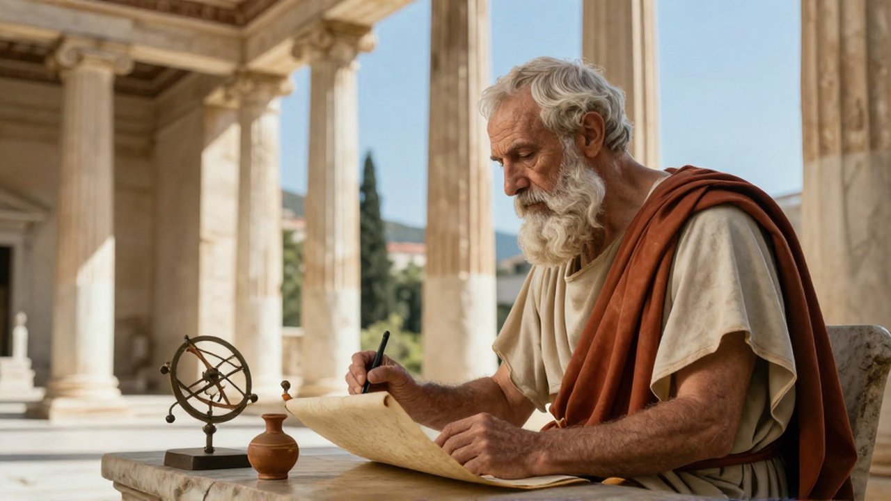 Filósofo griego de barba blanca escribiendo en un pergamino dentro de un pórtico de columnas clásicas.