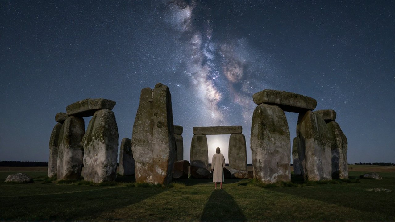 Una figura con vestiduras rudimentarias contempla los megalitos de Stonehenge bajo un cielo estrellado.