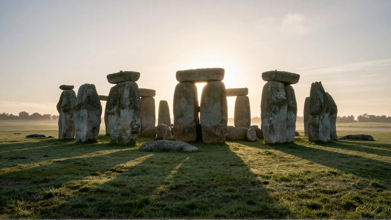 Los monolitos de Stonehenge se alinean con el amanecer sobre un paisaje neblinoso.