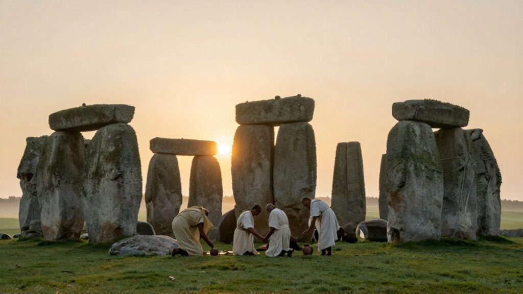 Sacerdotes con vestiduras de lino colocan ofrendas ante los megalitos de Stonehenge durante el amanecer.