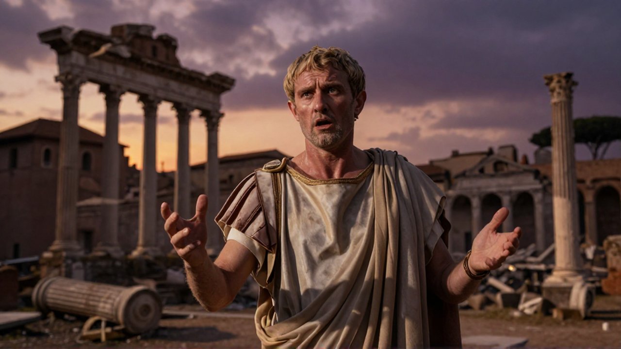 Un senador romano desaliñado gesticula con desesperación entre las ruinas de un foro de mármol al atardecer.