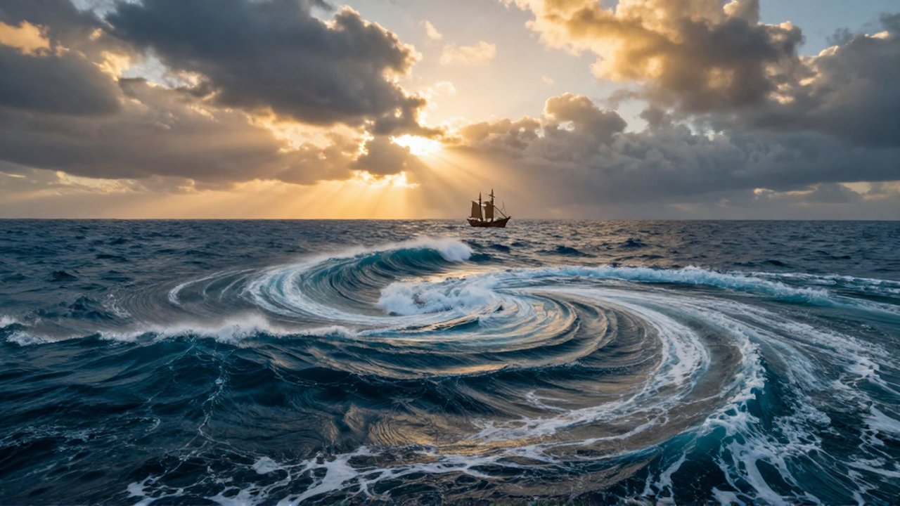 Un antiguo barco de madera navega entre enormes corrientes oceánicas y nubes bajo una luz dorada.