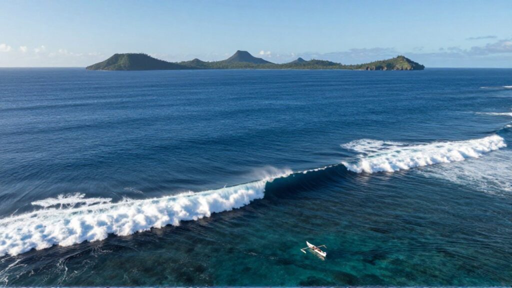 Vista aérea de una gran ola rompiendo cerca de islas volcánicas con una pequeña canoa polinesia.