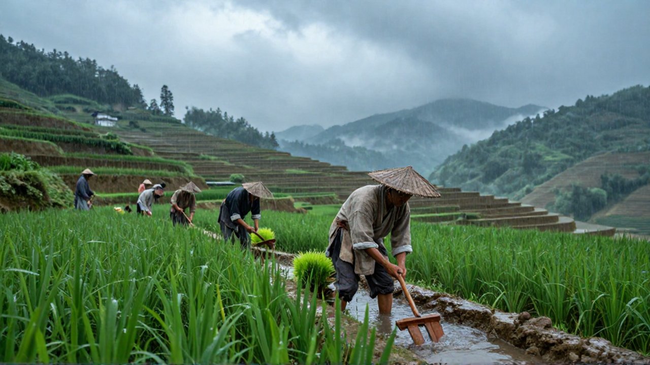 Agricultores con vestimentas tradicionales trabajan en terrazas de arroz bajo una lluvia intensa.