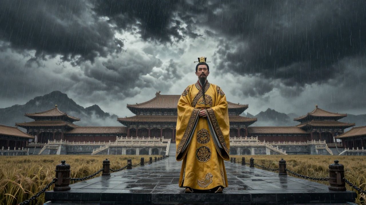Emperador con túnicas imperiales observa con solemnidad un cielo tormentoso sobre un palacio asiático.