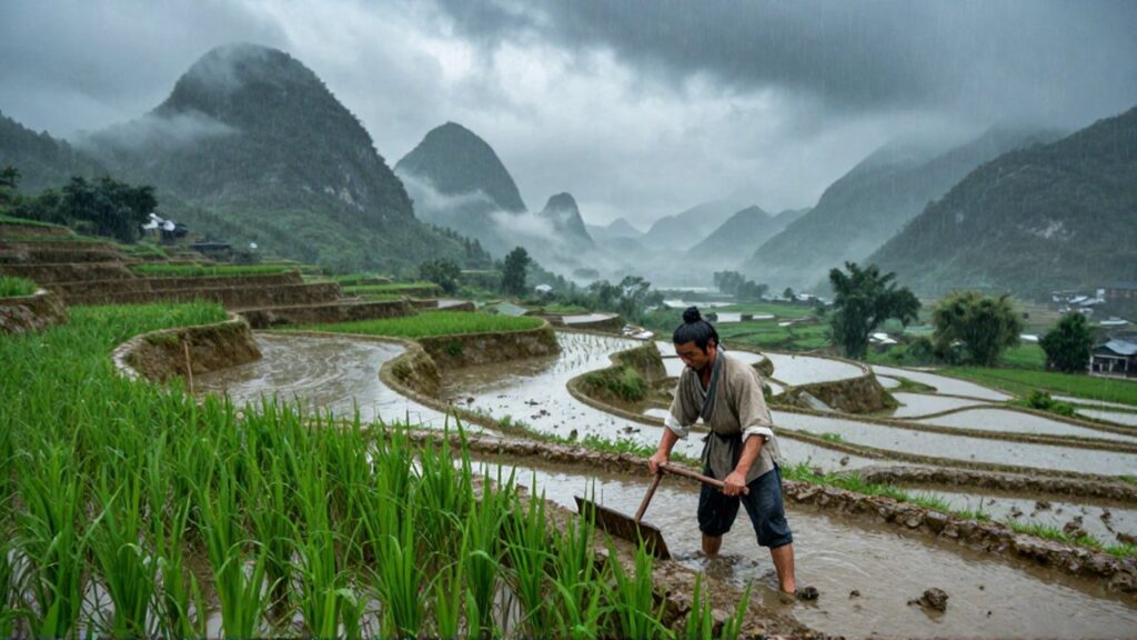 Agricultor con vestimenta tradicional trabaja en terrazas de arroz bajo una fuerte lluvia de monzón.