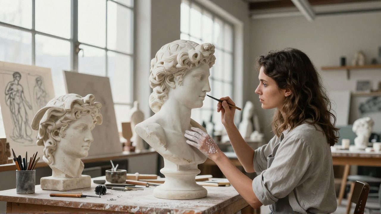 Una escultora trabaja concentrada tallando un busto de mármol en su luminoso estudio de arte.