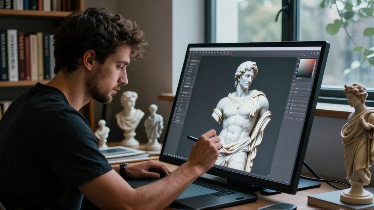 Un artista digital esculpe mediante una tableta una estatua griega clásica en un monitor.