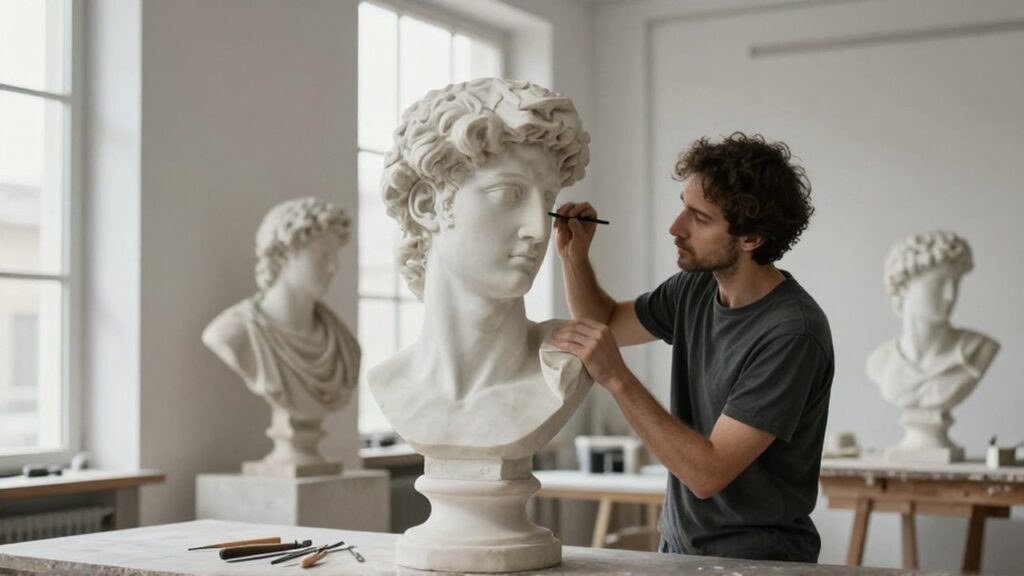 Escultor trabajando con un cincel en un busto de mármol con rasgos clásicos y formas geométricas.