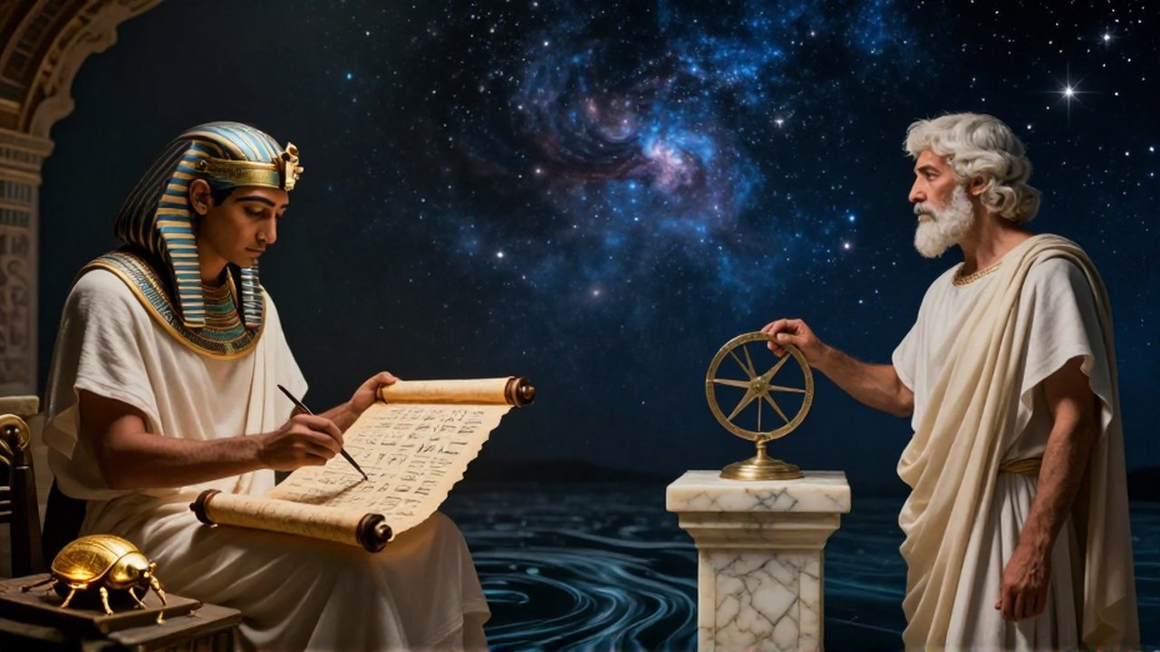 Composición dividida que muestra a un escriba egipcio con papiro y a un filósofo griego observando el cosmos.