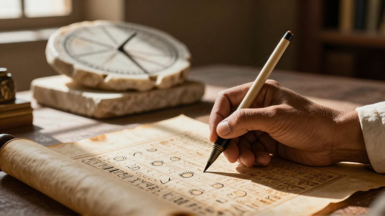 Primer plano de una mano escribiendo en papiro junto a un fragmento de mármol en un estudio iluminado.