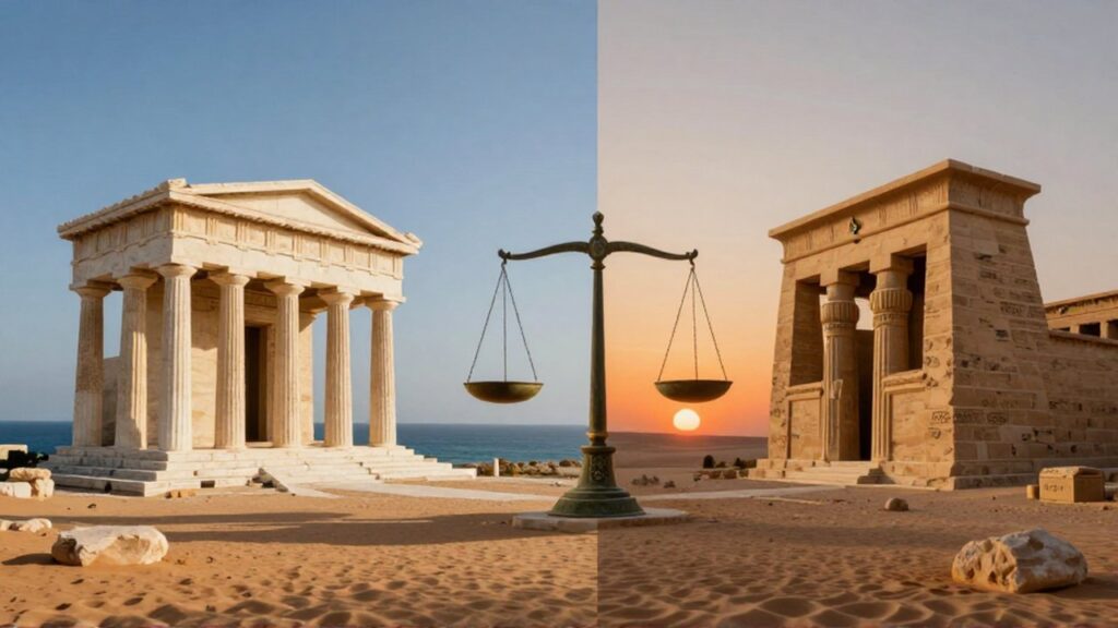 Composición partida que muestra un templo griego junto al mar y un templo egipcio en el desierto.