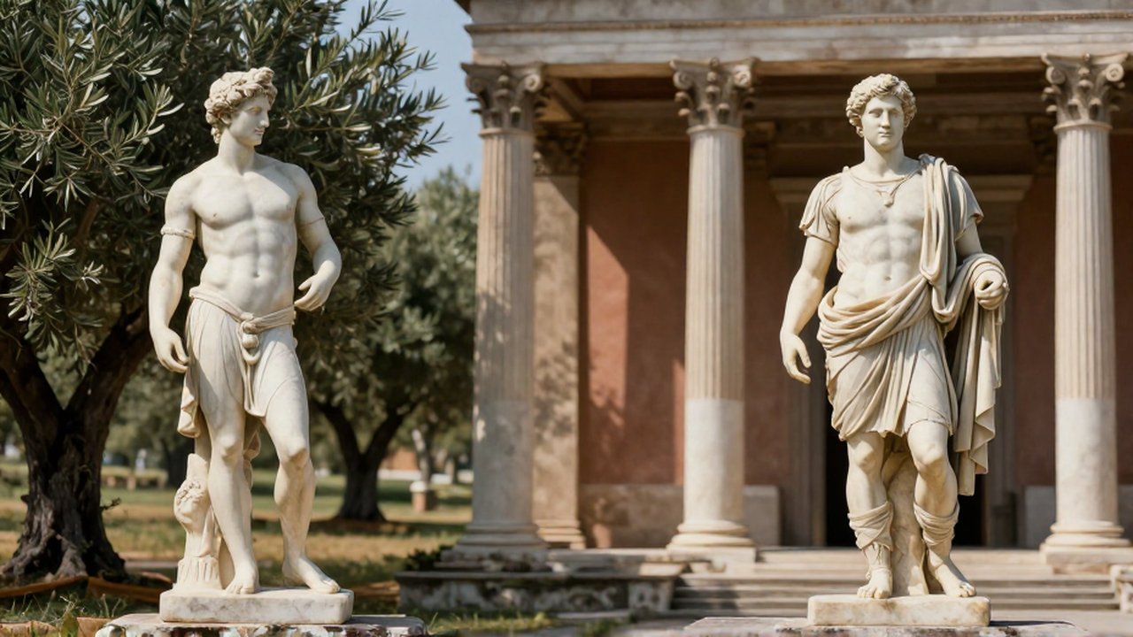 Comparación de dos estatuas de mármol sobre pedestales, una en un olivar y otra frente a un templo.