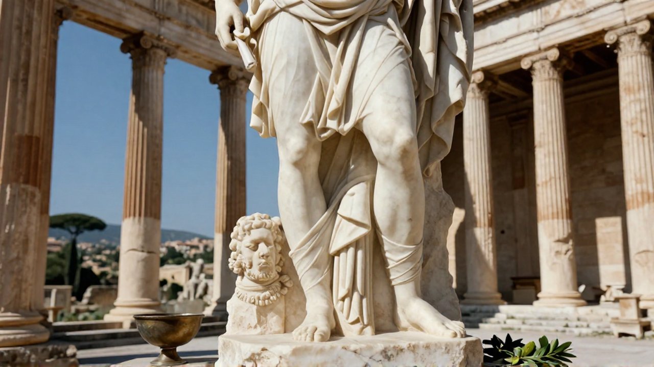 Un escultor talla con detalle una gran estatua de mármol en un templo antiguo soleado.