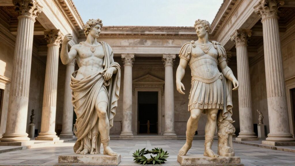 Dos estatuas de mármol blanco comparan la expresividad griega y la rigidez romana en un templo clásico.