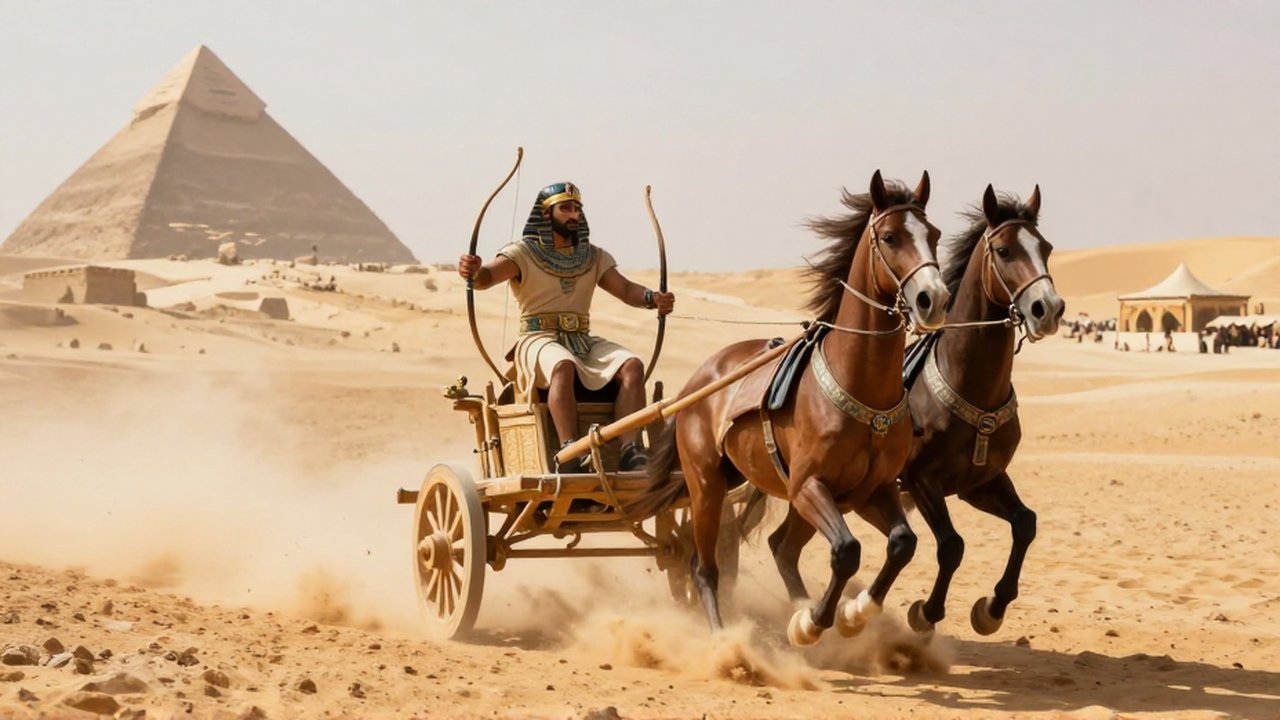 Guerrero egipcio en un carro tirado por dos caballos galopando por un desierto polvoriento.