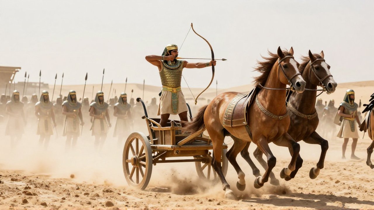 Guerrero en un carro de guerra disparando un arco mientras cabalga entre nubes de polvo.