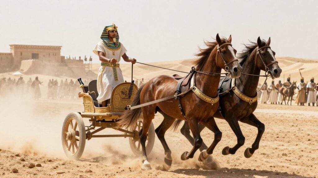 Un conductor de carro egipcio guía dos caballos al galope por un campo de batalla polvoriento.