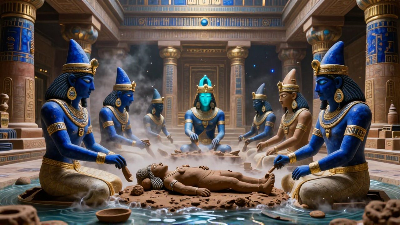 Deidades con joyas doradas moldean figuras humanas de arcilla en un templo celestial de piedra y oro.