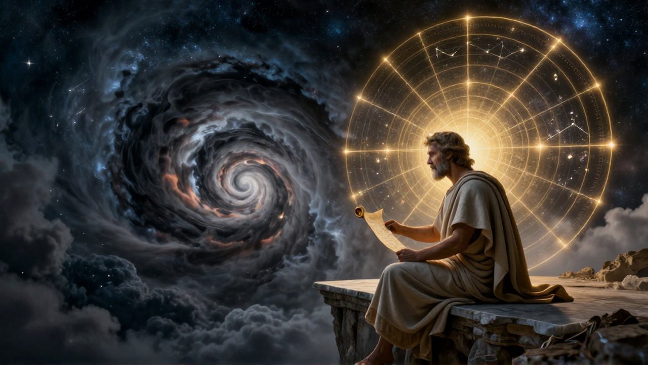 Filósofo griego contempla en un acantilado el contraste entre un vórtice de sombras y una cuadrícula celestial dorada.