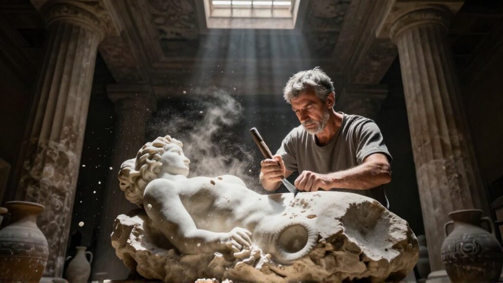 Escultor griego cincelando una figura serpentina en un taller de piedra con luz dramática.