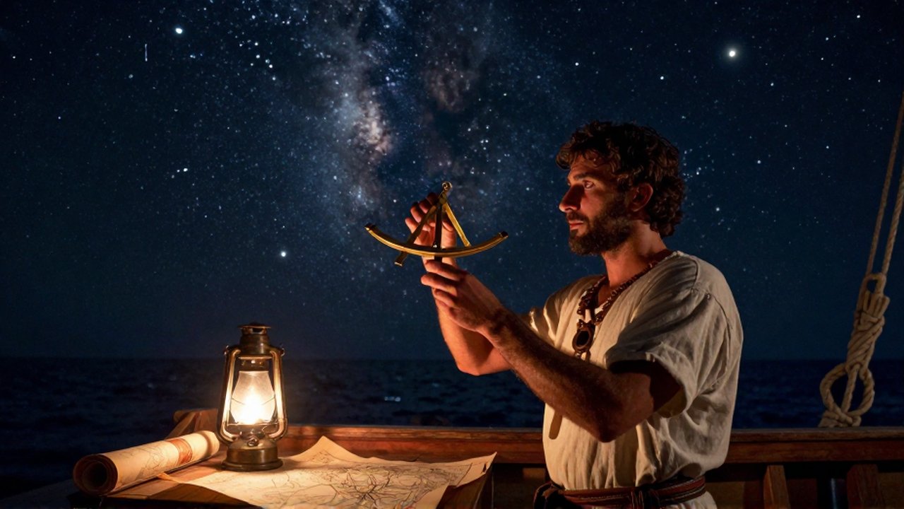 Navegante en un barco nocturno utiliza un astrolabio de bronce bajo un cielo estrellado.