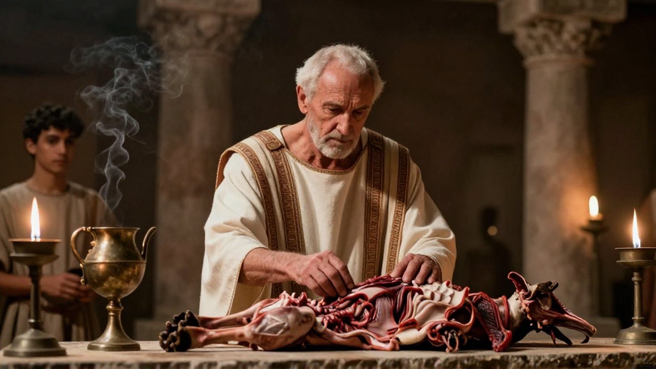 Un sacerdote romano examina las vísceras de un animal sobre un altar en un templo iluminado por lámparas.