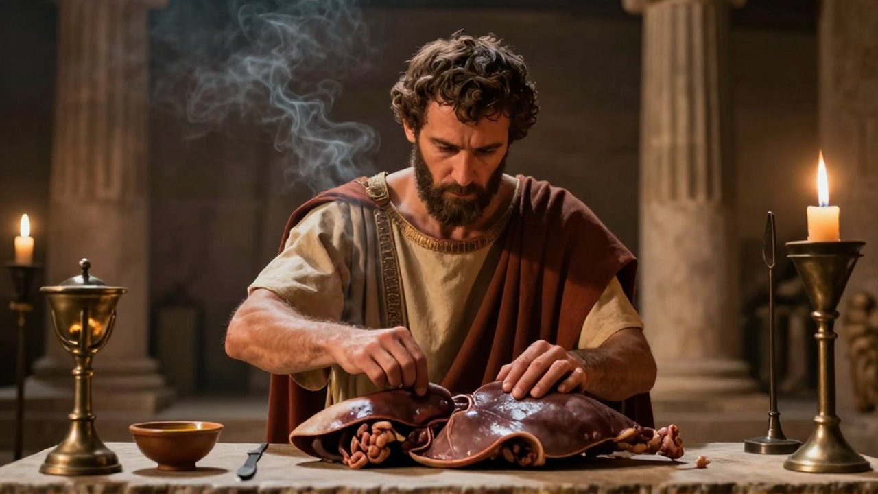 Un sacerdote romano inspecciona solemnemente el hígado de un animal sobre un altar de piedra en un templo iluminado por antorchas.