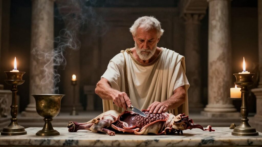 Un sacerdote romano con toga blanca inspecciona ritualmente las entrañas de un animal sobre un altar de mármol.