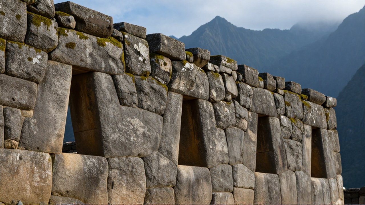 Primer plano de muros de piedra con ventanas trapezoidales frente a montañas andinas neblinosas.