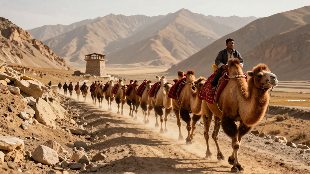 Un comerciante guía una caravana de camellos cargados con textiles a través de un paso montañoso árido.