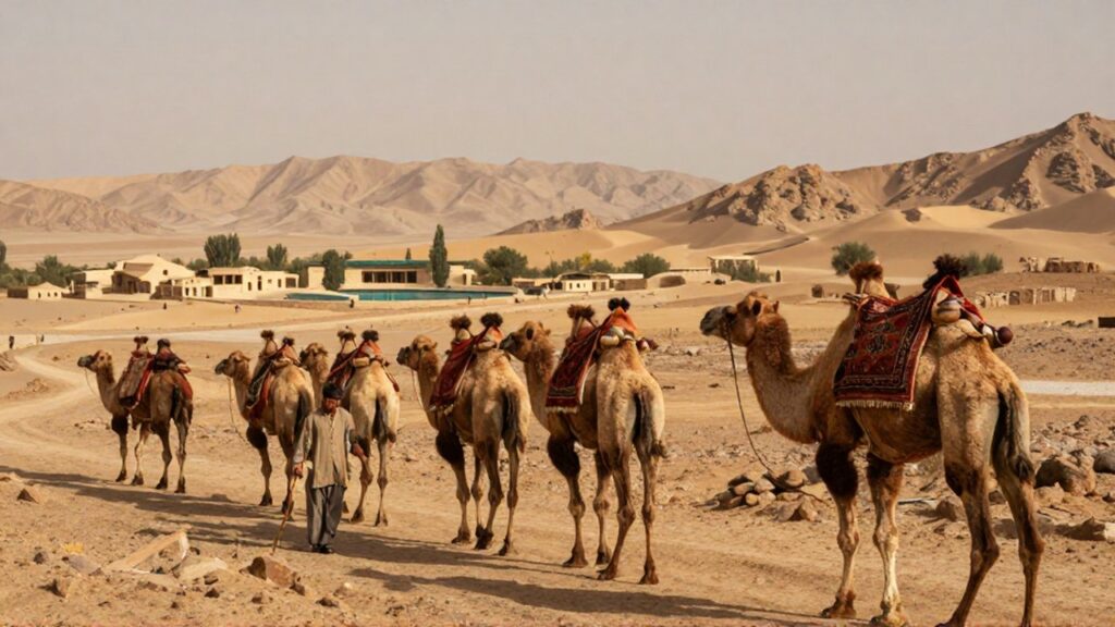 Un mercader guía una caravana de camellos cargados de telas y alfombras por un paso montañoso.