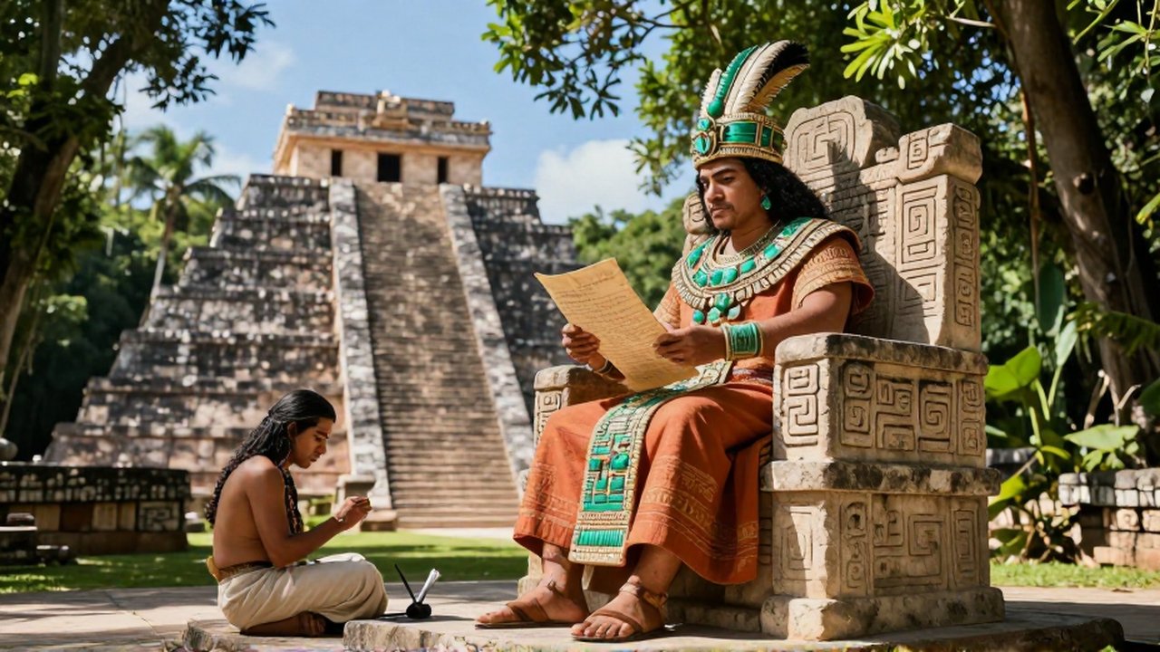 Un gobernante con tocado de plumas y joyas de jade preside una asamblea en un palacio maya.