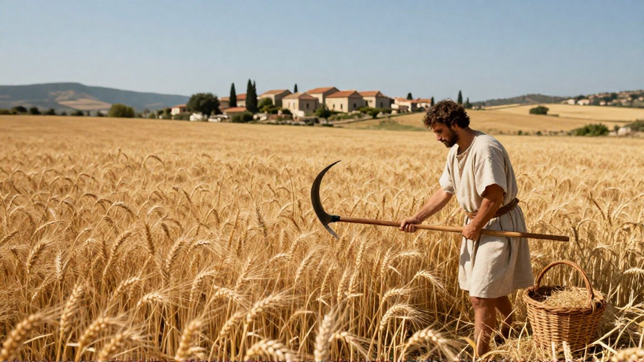 Un agricultor con túnica de lino cosecha trigo dorado en un extenso campo bajo un cielo despejado.
