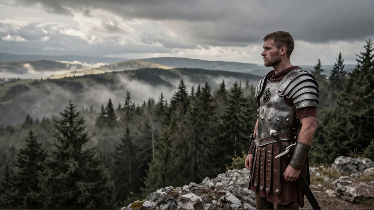 Un centurión romano con armadura metálica contempla un vasto e impenetrable bosque cubierto de niebla.