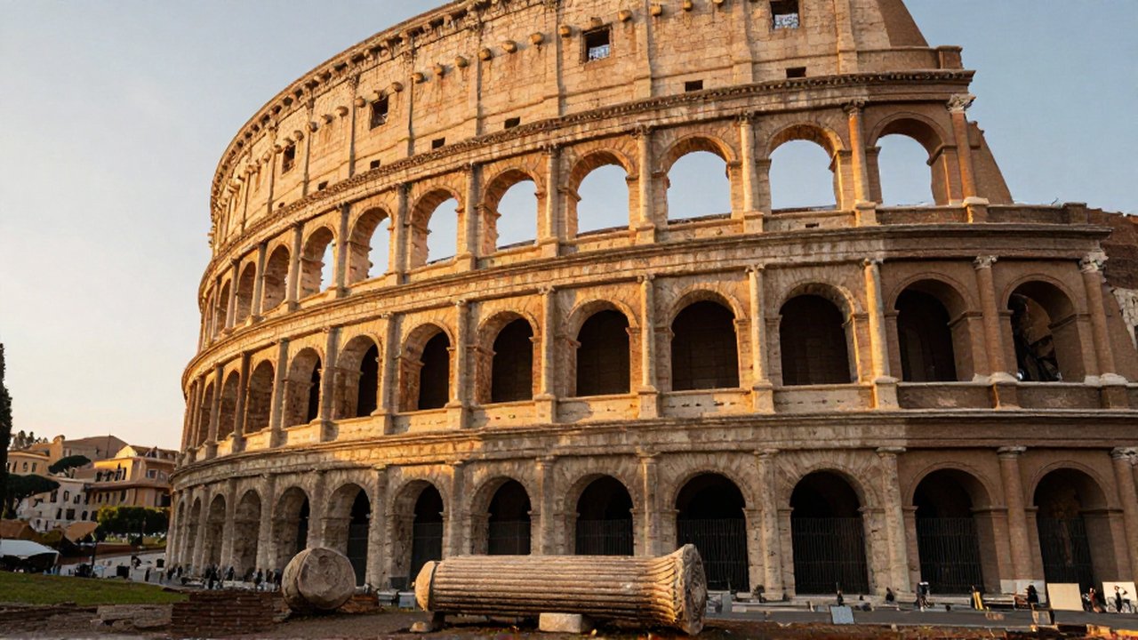 Vista en ángulo bajo del Coliseo romano bajo una luz dorada de atardecer.