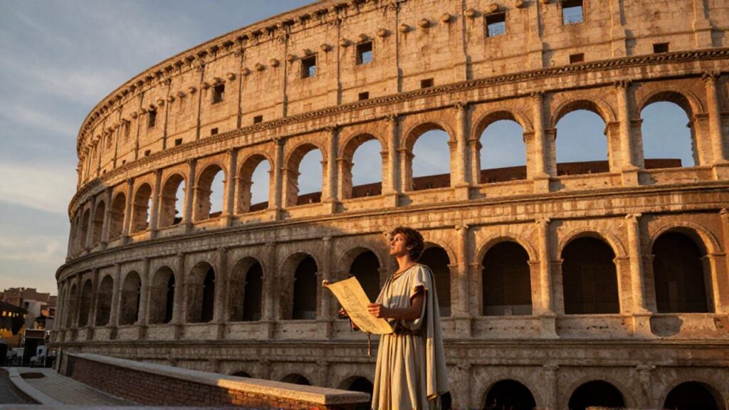 Un arquitecto romano con pergamino observa el Coliseo bajo la luz dorada del atardecer.
