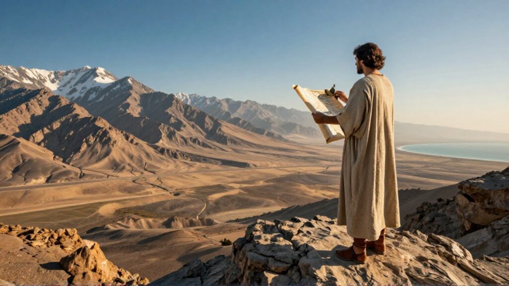 Un agrimensor con túnicas antiguas observa un mapa frente a montañas nevadas y llanuras áridas.