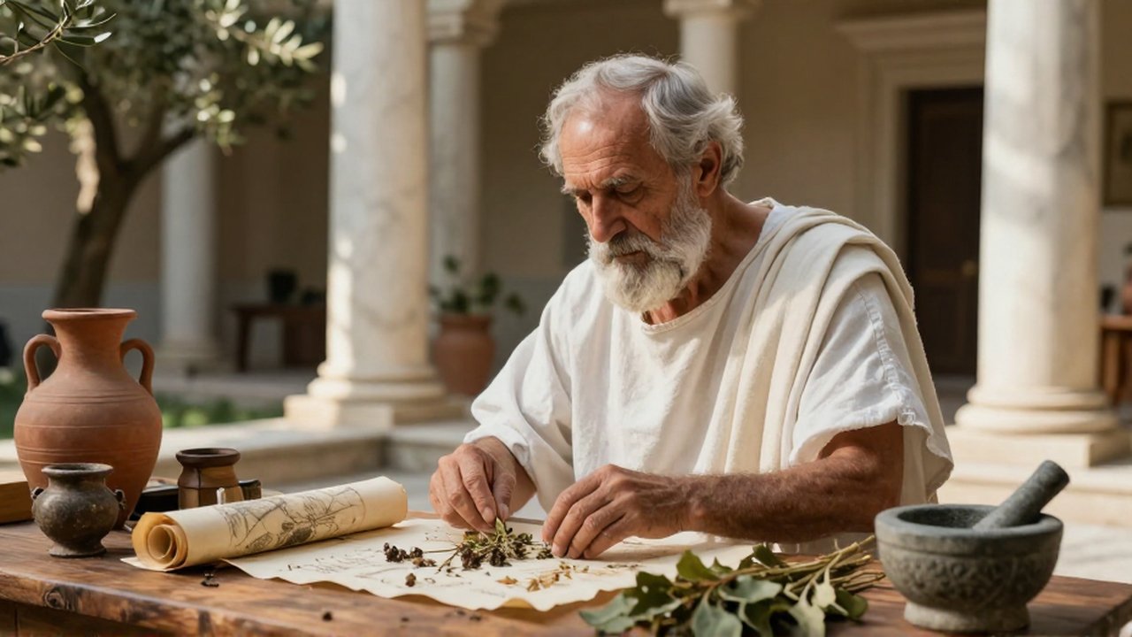 Un médico griego anciano examina hierbas medicinales y pergaminos sobre una mesa de madera en una antigua botica.