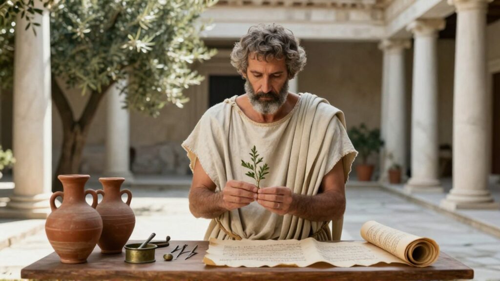 Médico griego con túnica de lino examina una planta medicinal en un patio de mármol.
