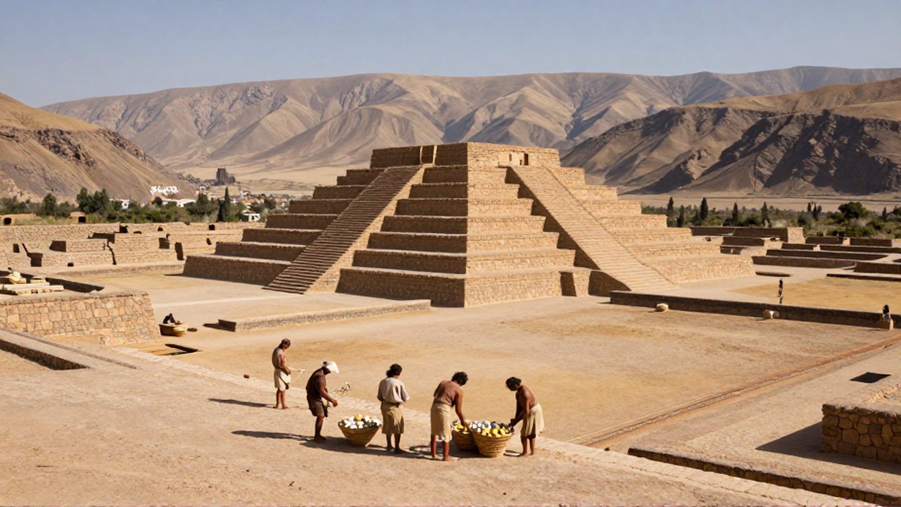 Personas de la civilización Caral realizan labores agrícolas frente a una gran pirámide escalonada en un valle árido.