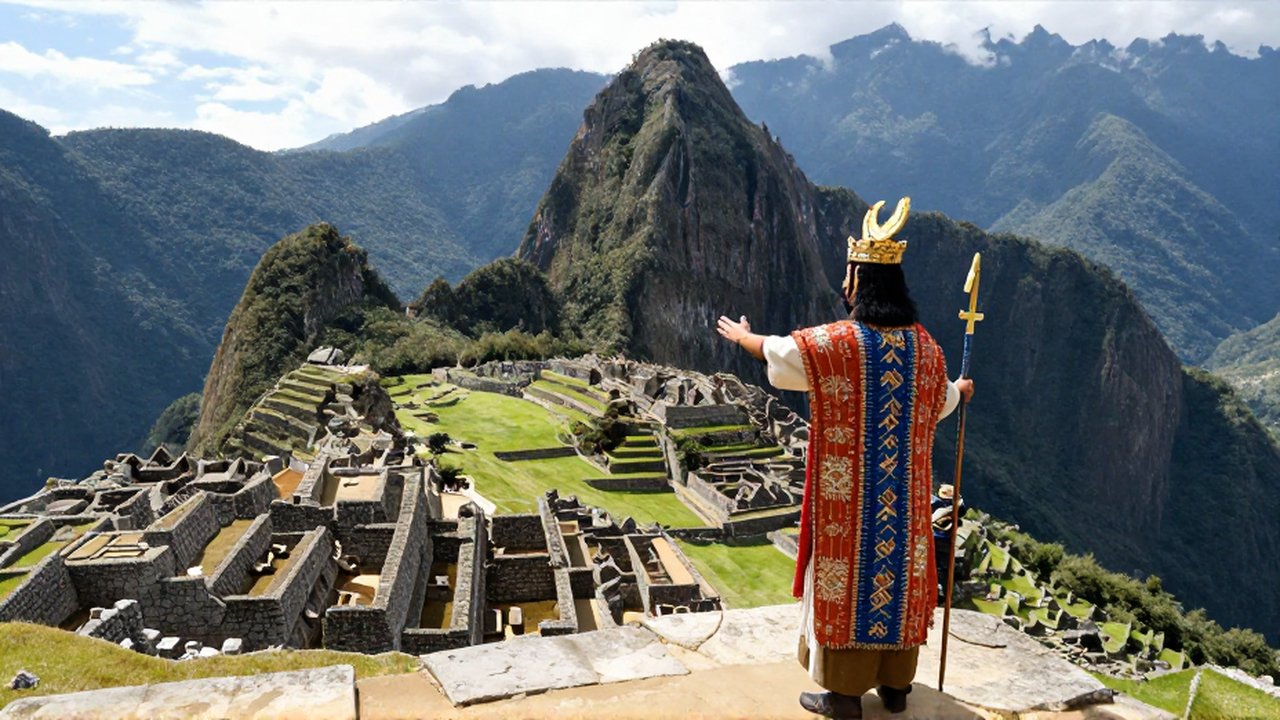 Un emperador inca con vestiduras elaboradas contempla desde una terraza las terrazas agrícolas de Machu Picchu.