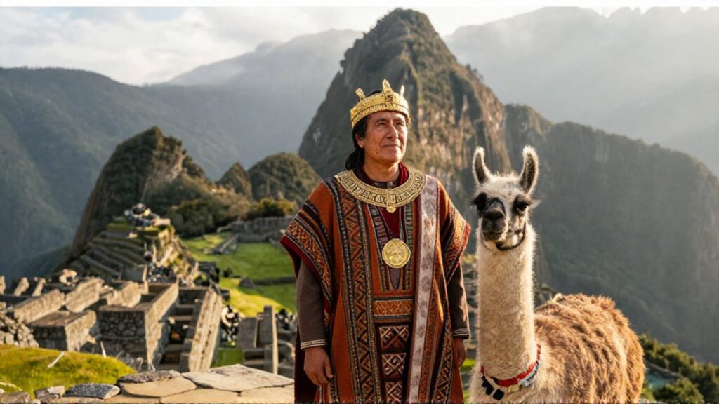 Nobleza inca con vestiduras coloridas y tocado dorado junto a una llama en Machu Picchu.