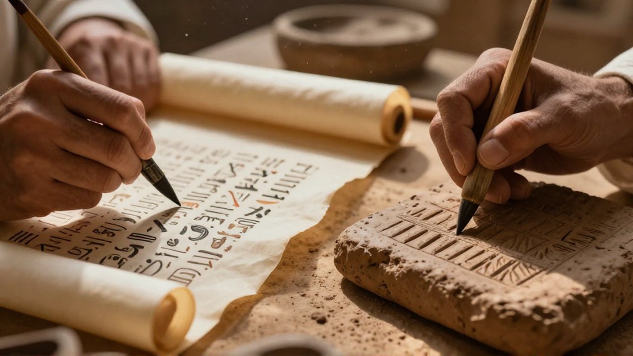 Manos de escribas pintando jeroglíficos en papiro y grabando escritura cuneiforme en una tablilla de arcilla.