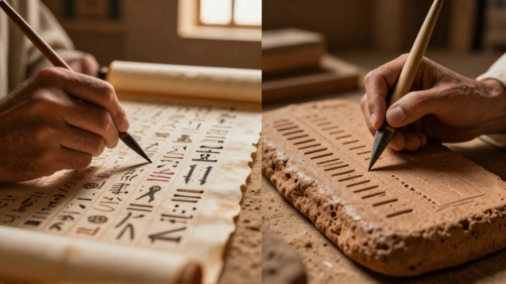 Comparación detallada de un escriba pintando jeroglíficos en papiro y otro grabando cuneiforme en arcilla.
