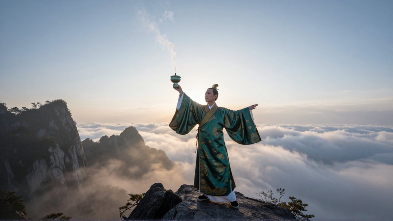Un sacerdote taoísta baila con un recipiente de bronce sobre una montaña envuelta en niebla al amanecer.