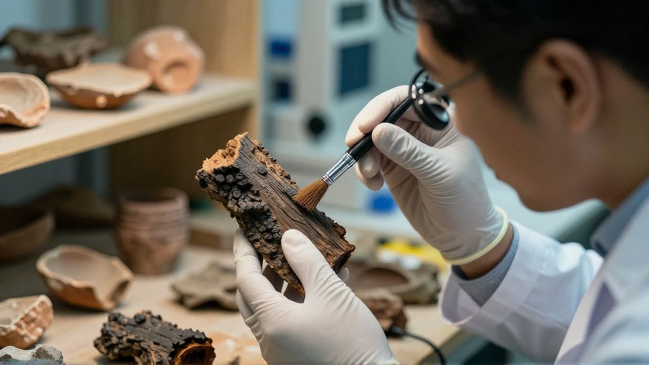 Un arqueólogo examina con un pincel un fragmento de madera carbonizada en un laboratorio científico.