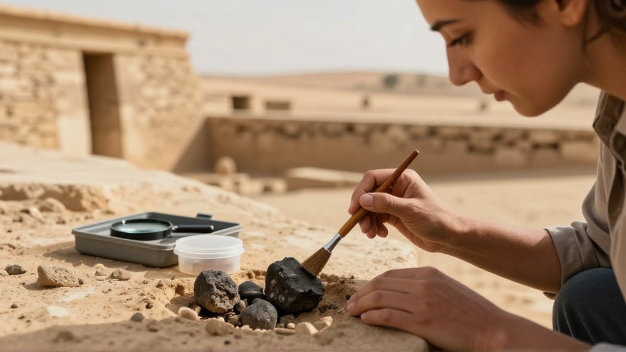 Una arqueóloga limpia con un pincel un fragmento de carbón antiguo en una excavación egipcia.